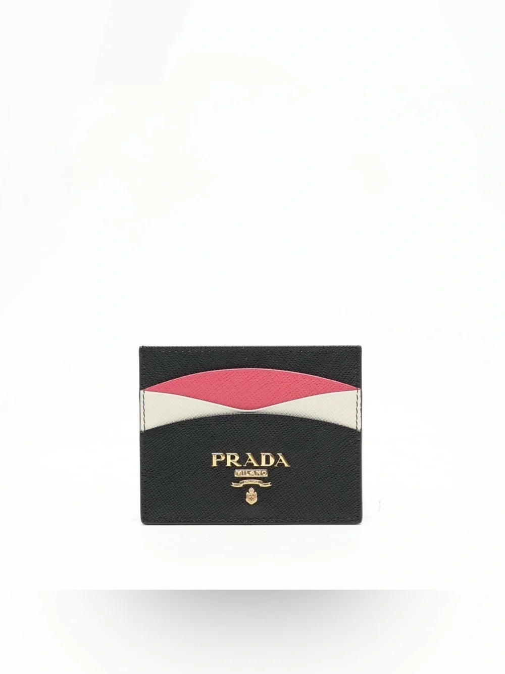 Prada Saffiano Leather Card Holder Black Pink White Gold Logo